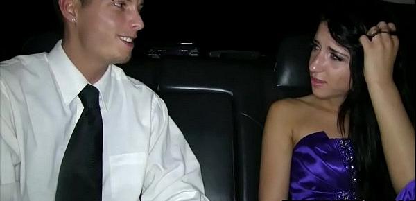 Virgin brunette teen fucked on prom night in a limo